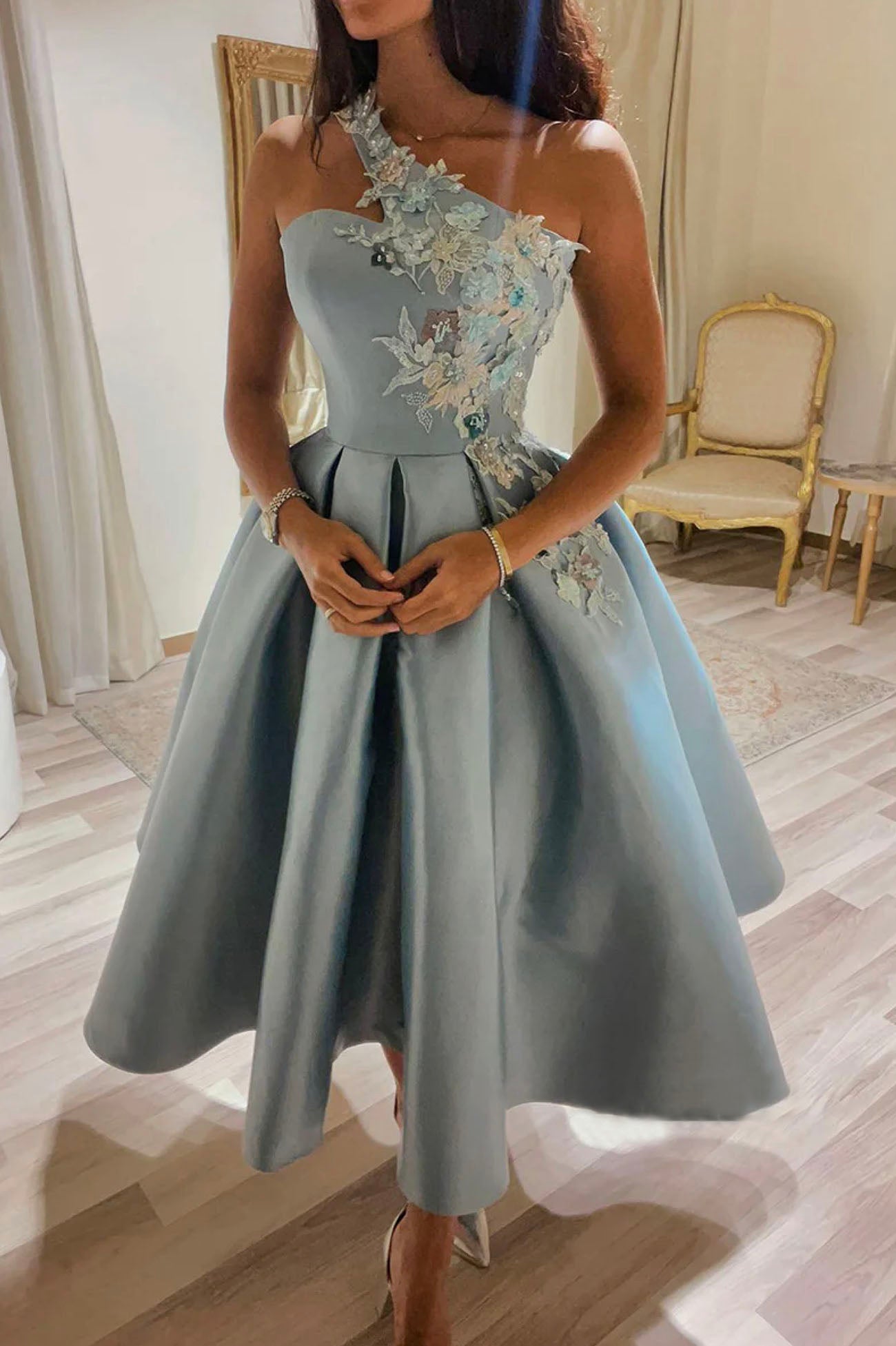 Cute One Shoulder Satin Lace Short Prom Dress, A-Line Party Dress