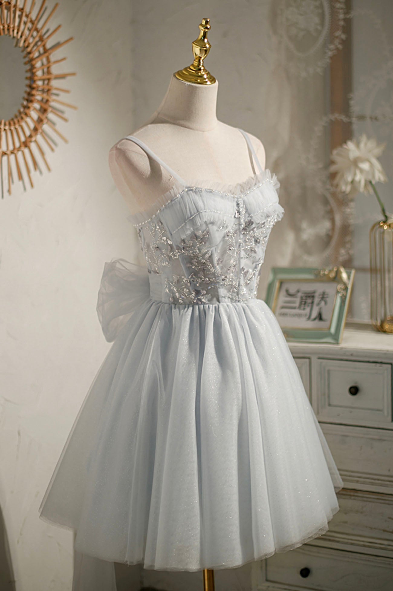 Gray Tulle Short A-Line Prom Dress, Cute Evening Party Dress