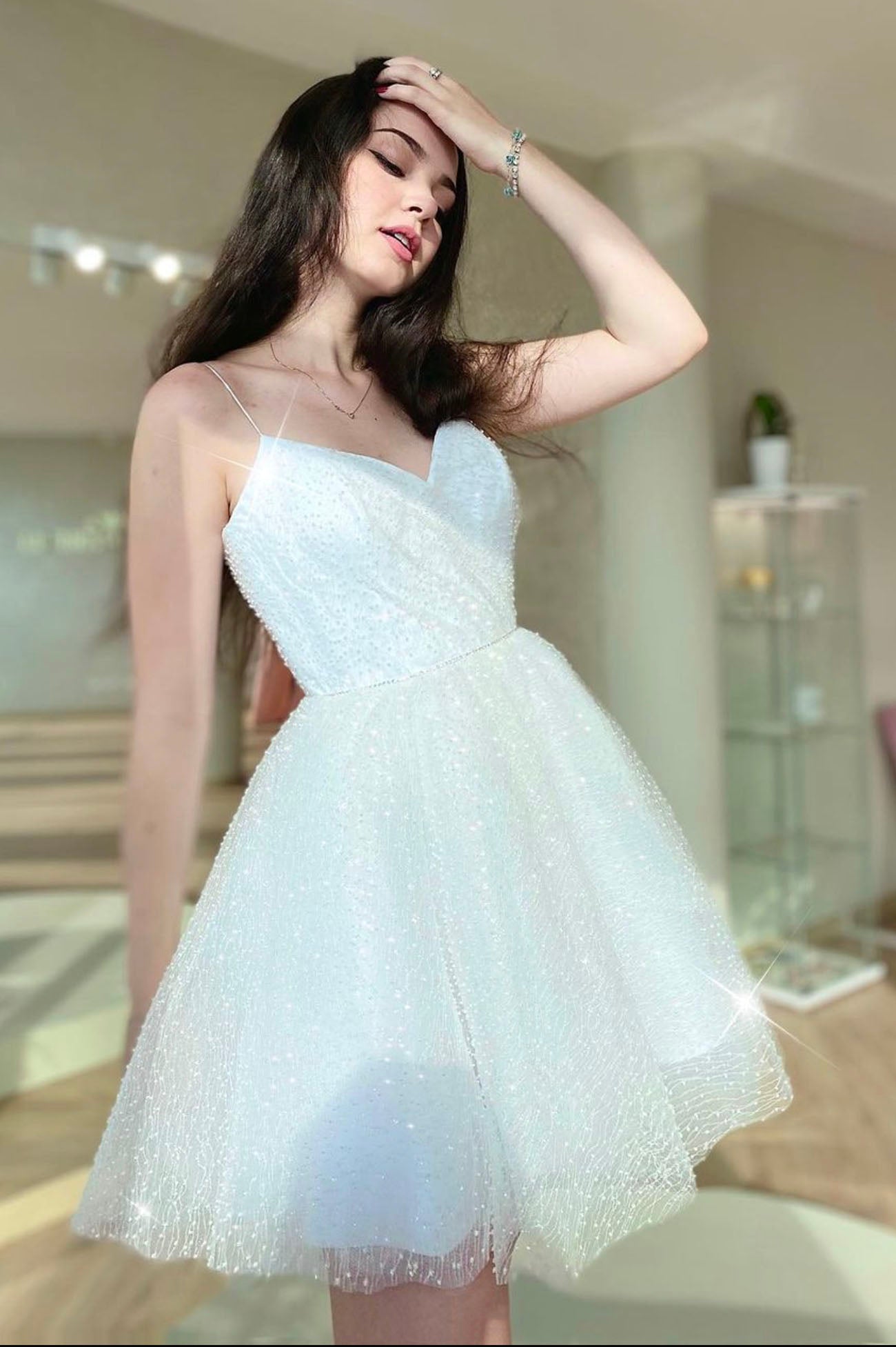 White Spaghetti Strap Tulle Short Prom Dress, Cute A-Line Homecoming Dress