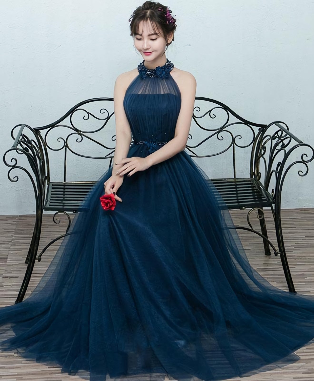 Eenvoudige blauwe tule lange prom -jurk, blauwe tule bruidsmeisje jurk
