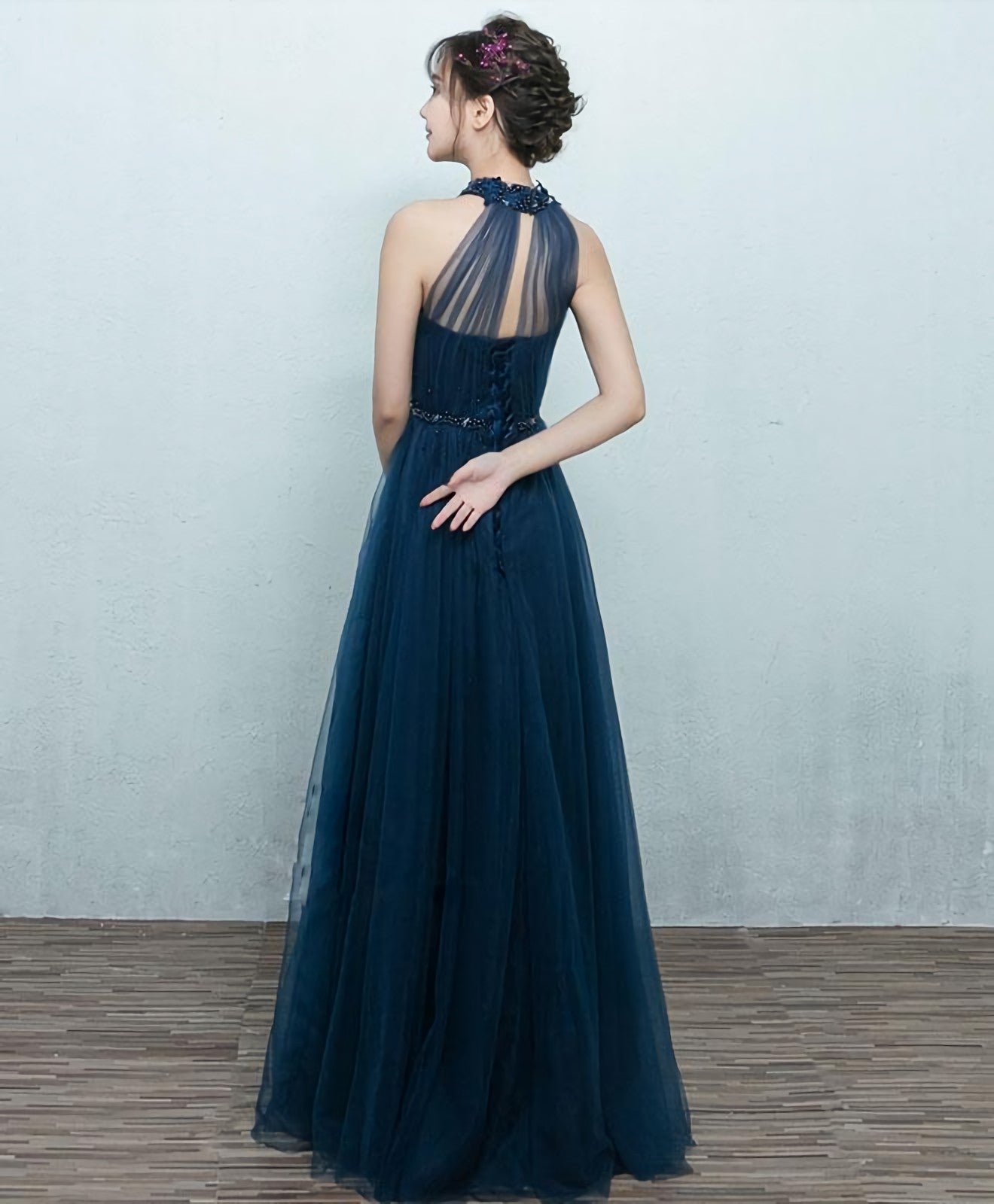 Eenvoudige blauwe tule lange prom -jurk, blauwe tule bruidsmeisje jurk