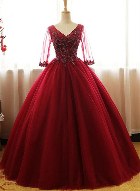 Wine Red 1/2 Sleeves Tulle Formal Gown ,Long Party Dress