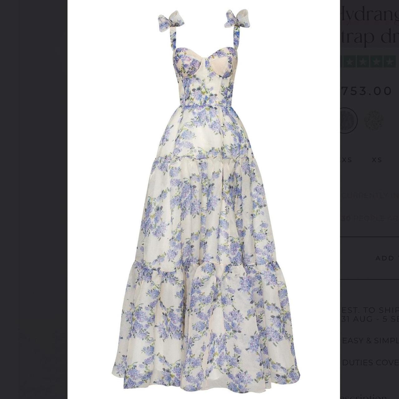 Sexy A line Long Blue Floral Prom Dress Blue and White Party Dresses P1590