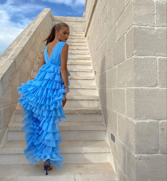 Sexy High Low V neckline Blue Prom Dress Tulle Party Dresses P1608