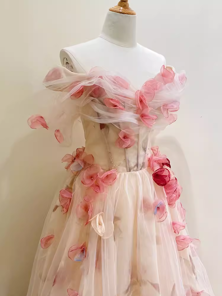 Ball Gown Champagne Floral Prom Dress Long Party Dresses P1608