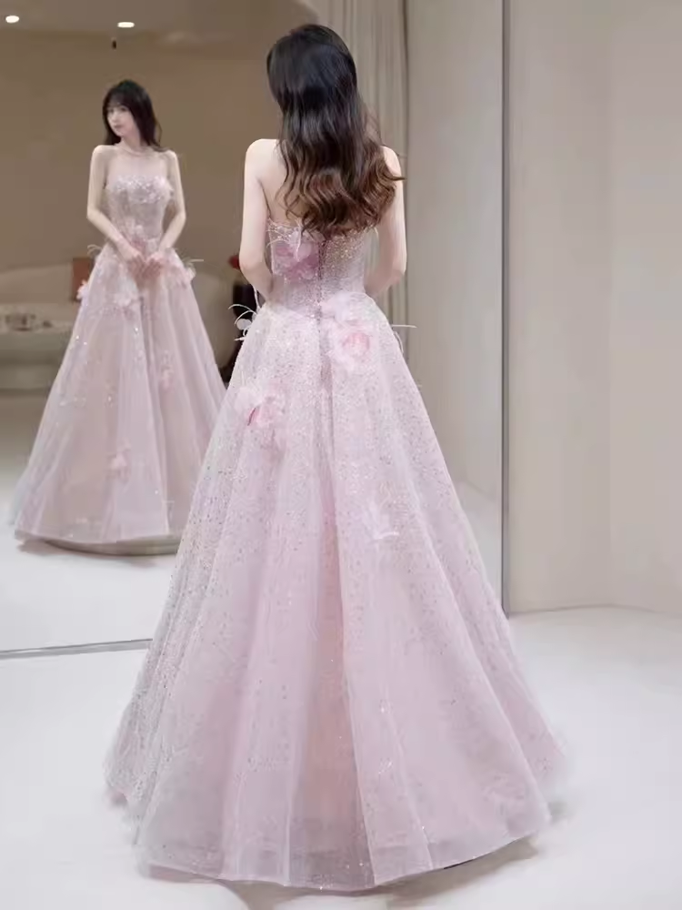 Princess Pink Sequin Long Prom Dress Party Dresses P1609
