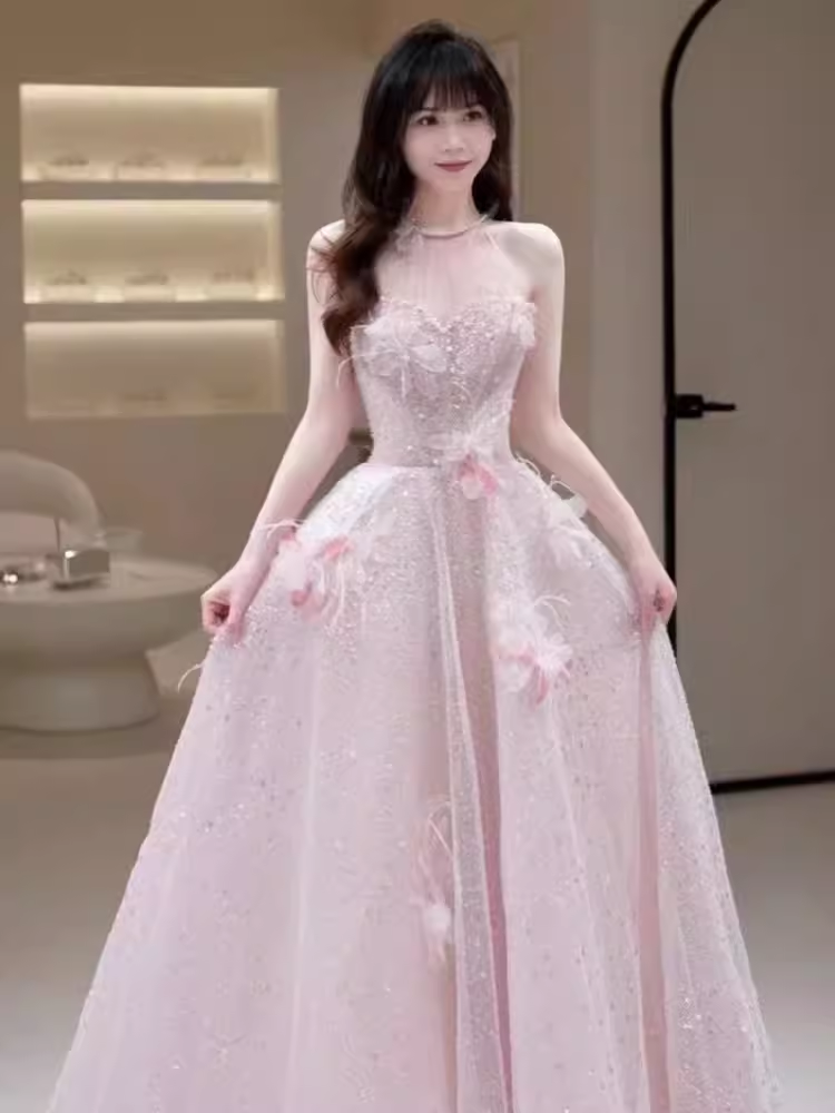 Princess Pink Sequin Long Prom Dress Party Dresses P1609