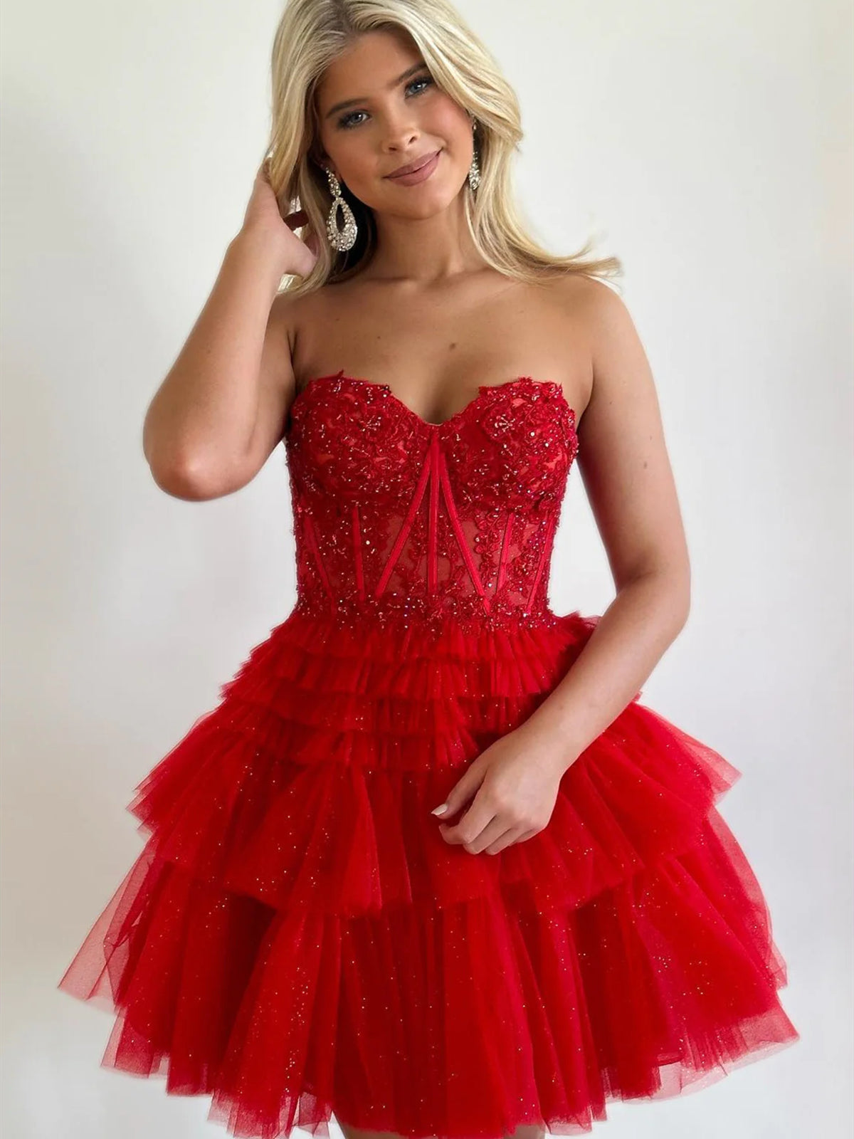 Short Pink Red Layered Lace Prom Dresses, Short Pink Red Layered Formal Homecoming Dresses