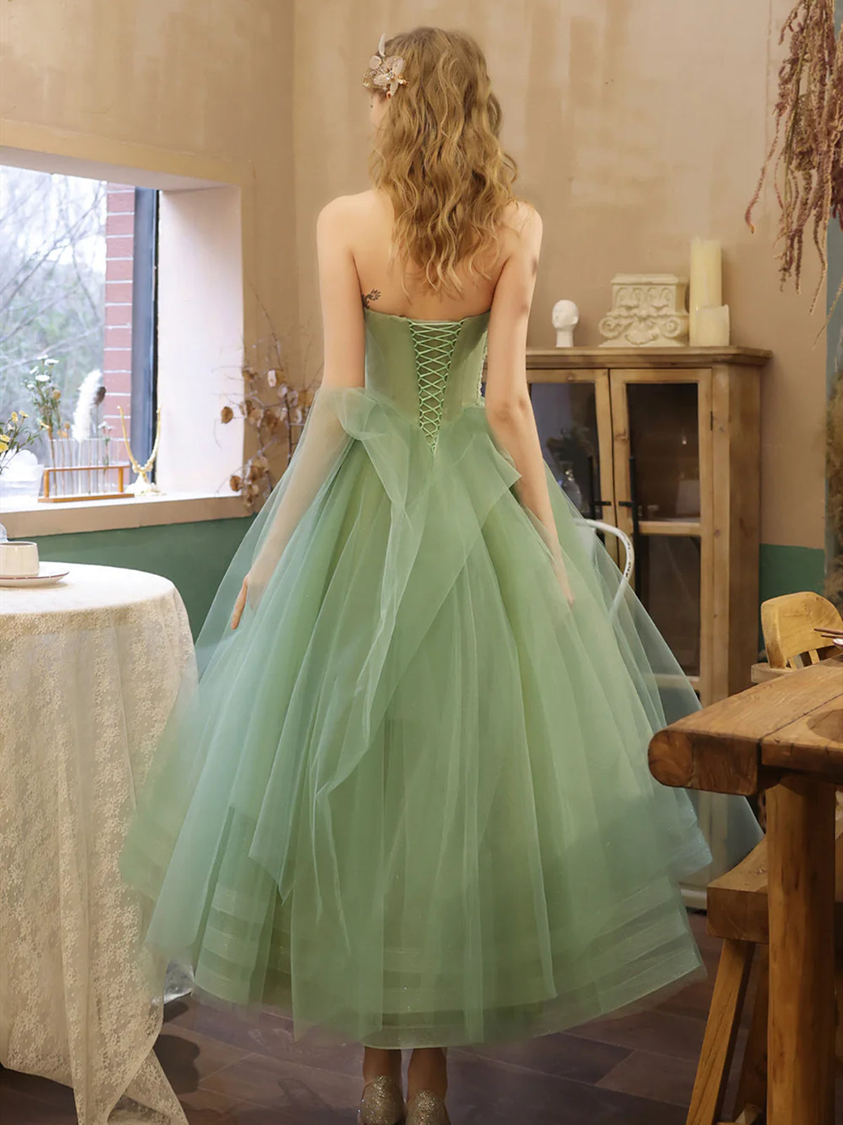 Strapless Green Tea Length Prom Dresses, Green Tea Length Formal Homecoming Dresses