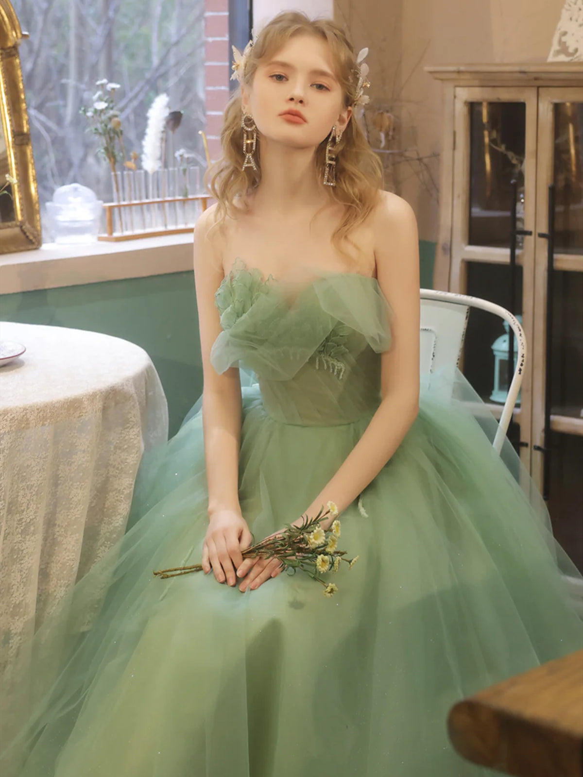 Strapless Green Tea Length Prom Dresses, Green Tea Length Formal Homecoming Dresses