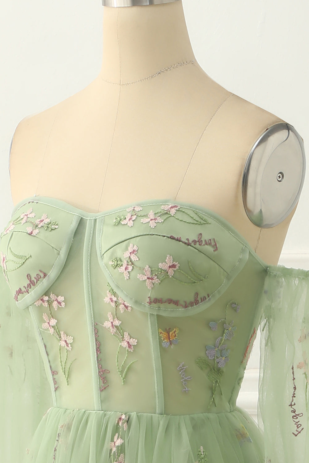 Groene tule van de schouder A-lijn prom-jurk met bloemen borduurwerk