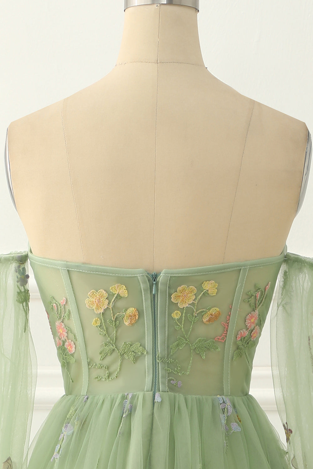 Groene tule van de schouder A-lijn prom-jurk met bloemen borduurwerk