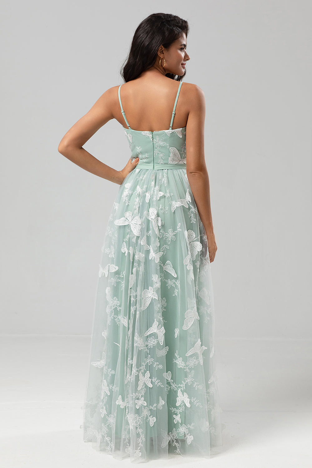 Captured Your Heart A Line Spaghetti Straps Matcha Long Bridesmaid Dress with Appliques