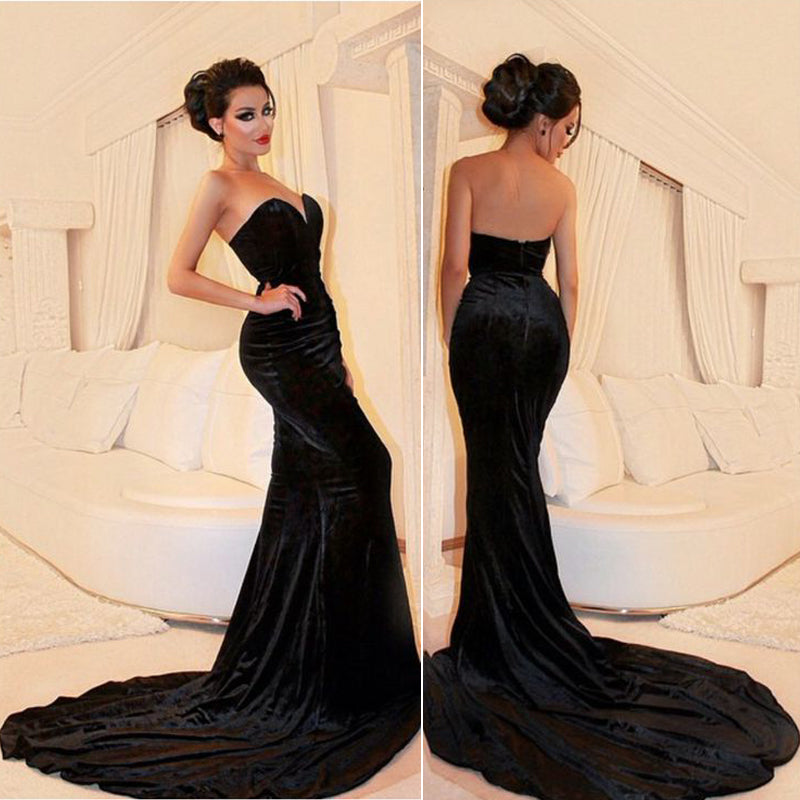 Hot Black Velvet Prom Dresses Sweetheart Mermaid Evening Dress