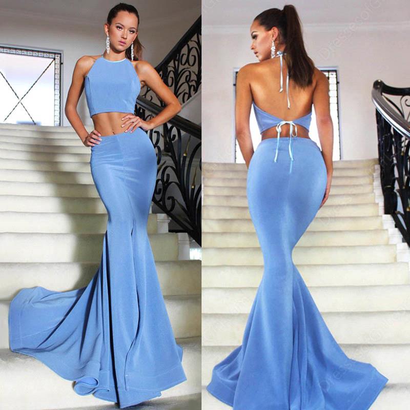Mermaid Backless Pink Two Piece Prom Dresses Long Formal Gowns