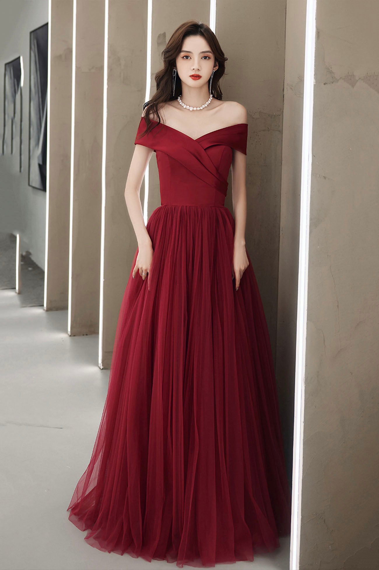 Burgundy Tulle Floor Length Prom Dress, Off the Shoulder Party Dress