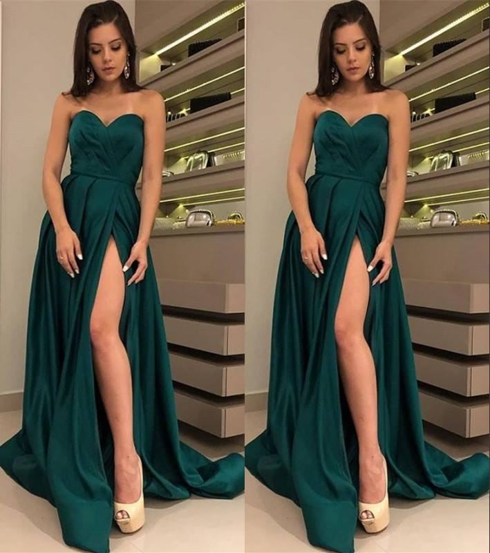 A-Line 2024 Satin Dark Green Prom Dress Side-Slit Sexy Evening Gown