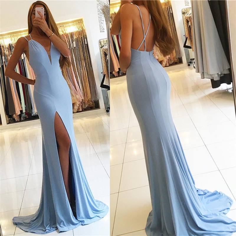 Mermaid Long Sleeveless Evening Gowns Spaghettis Straps Blue Prom Dresses
