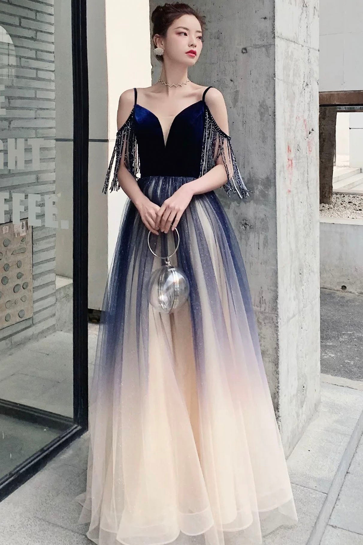 Blue Ombre Tulle V-Neck Long Party Dress, A-line Prom Dress
