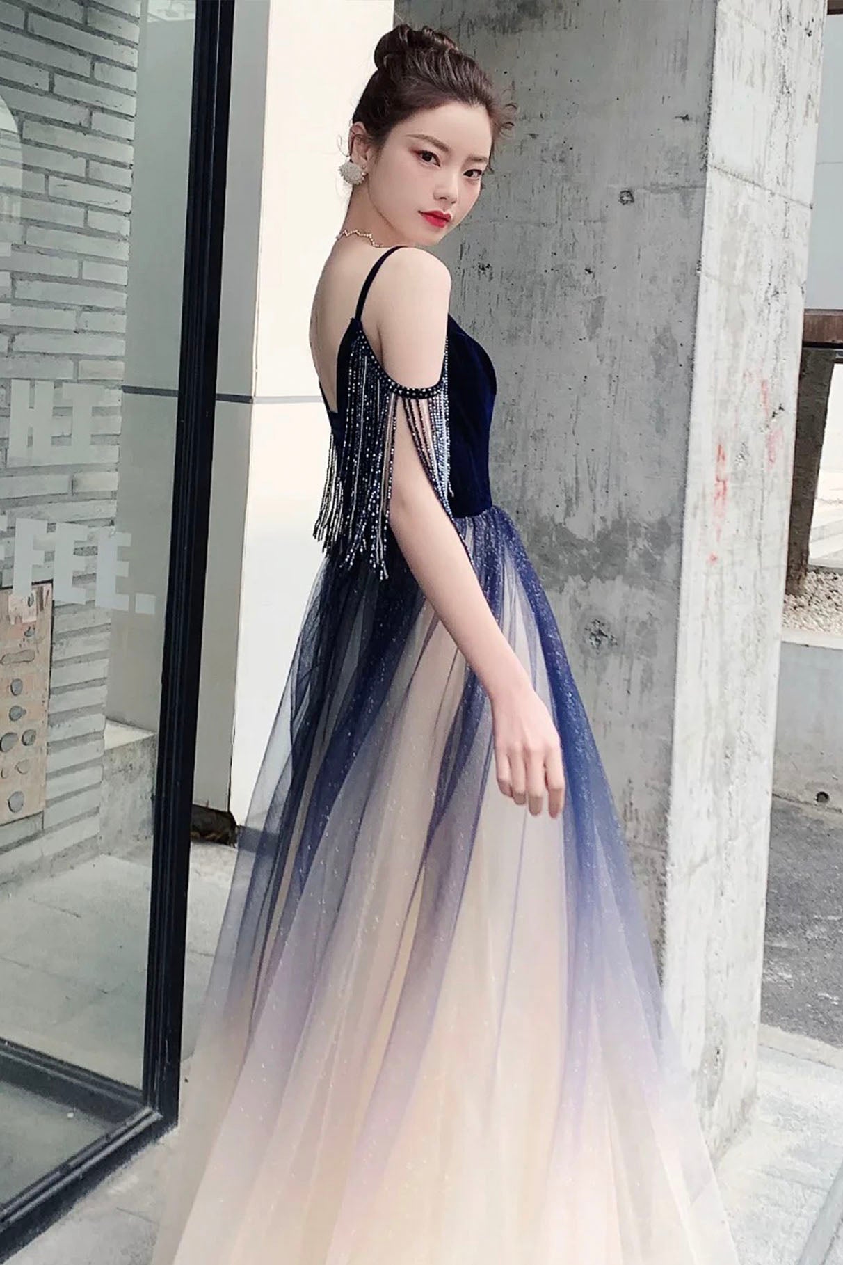 Blue Ombre Tulle V-Neck Long Party Dress, A-line Prom Dress