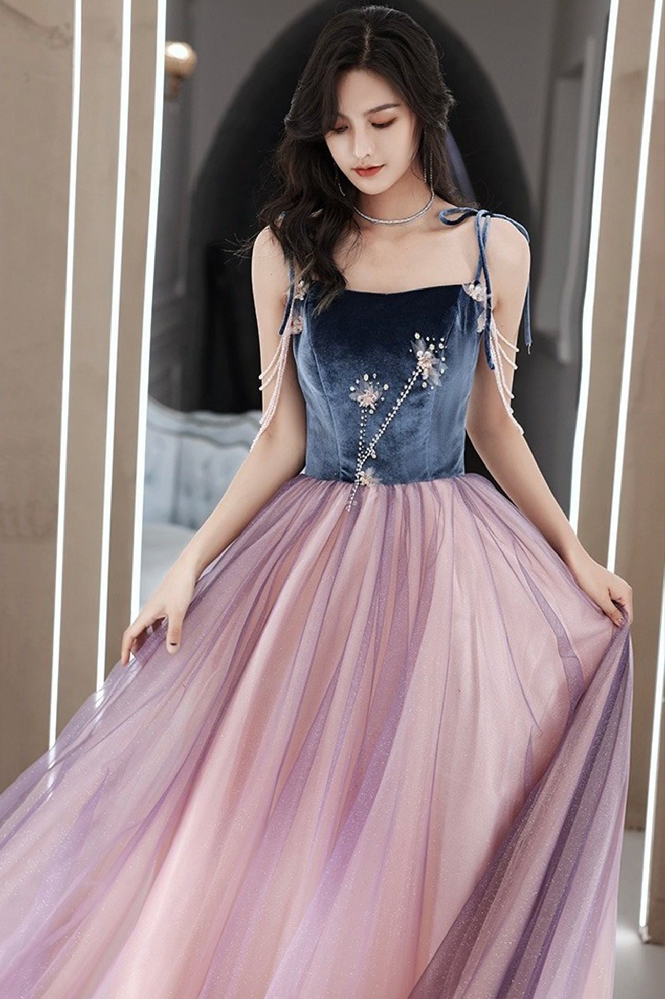 Cute Spaghetti Strap Velvet Tulle Long Prom Dress, A-Line Evening Dress