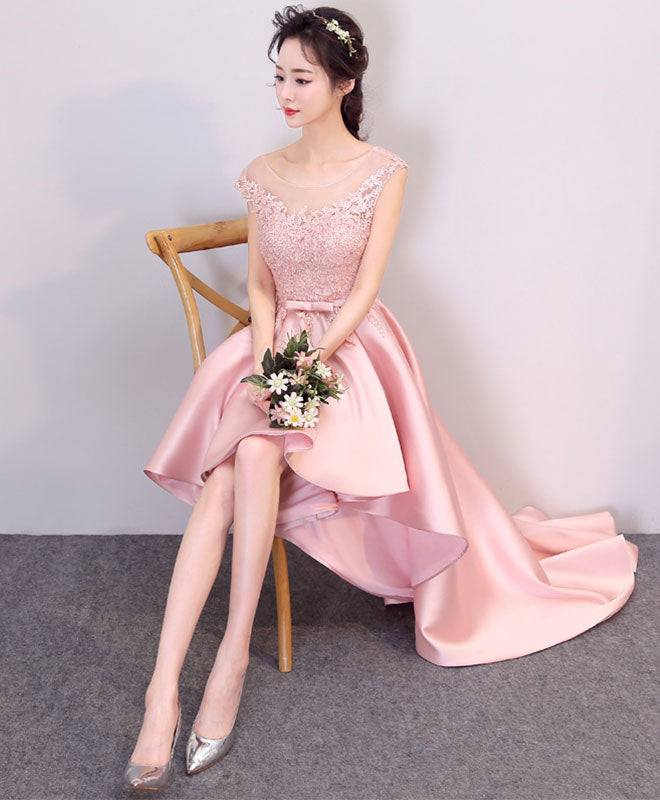 Roze met een hoog lage kanten prom -jurk, roze formele bruidsmeisje jurk