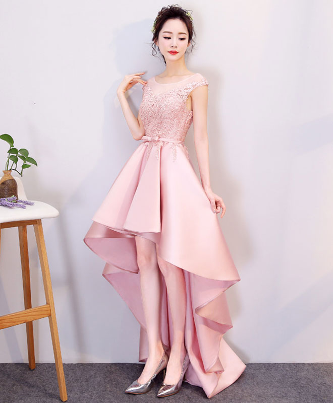 Roze met een hoog lage kanten prom -jurk, roze formele bruidsmeisje jurk