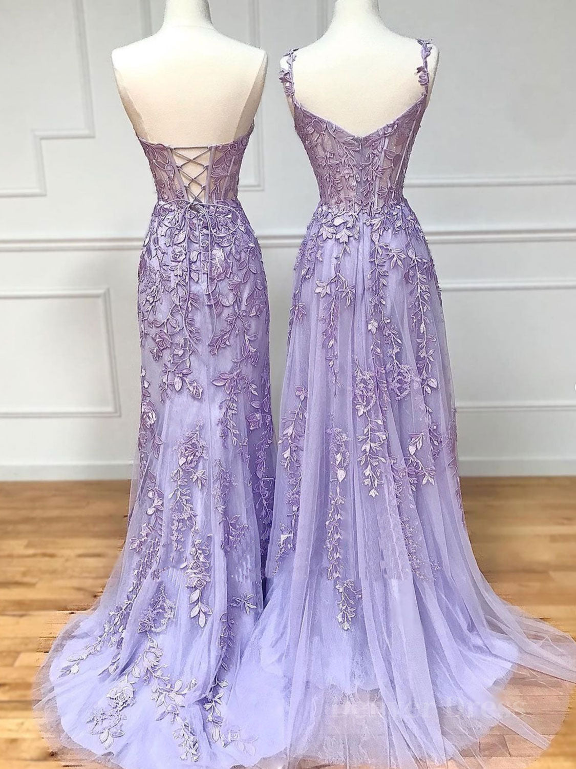 Purple Sweetheart Neck Lace Long Prom -jurk, kanten formele afstuderenjurk