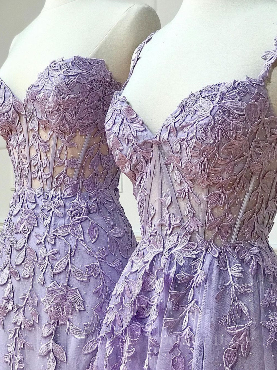 Purple Sweetheart Neck Lace Long Prom -jurk, kanten formele afstuderenjurk