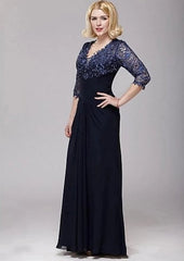 Navy Blue Mother Of The Bride Dresses A-line V-neck 3/4 Sleeves Chiffon Lace Beaded Groom Long Mother Dresses For Wedding