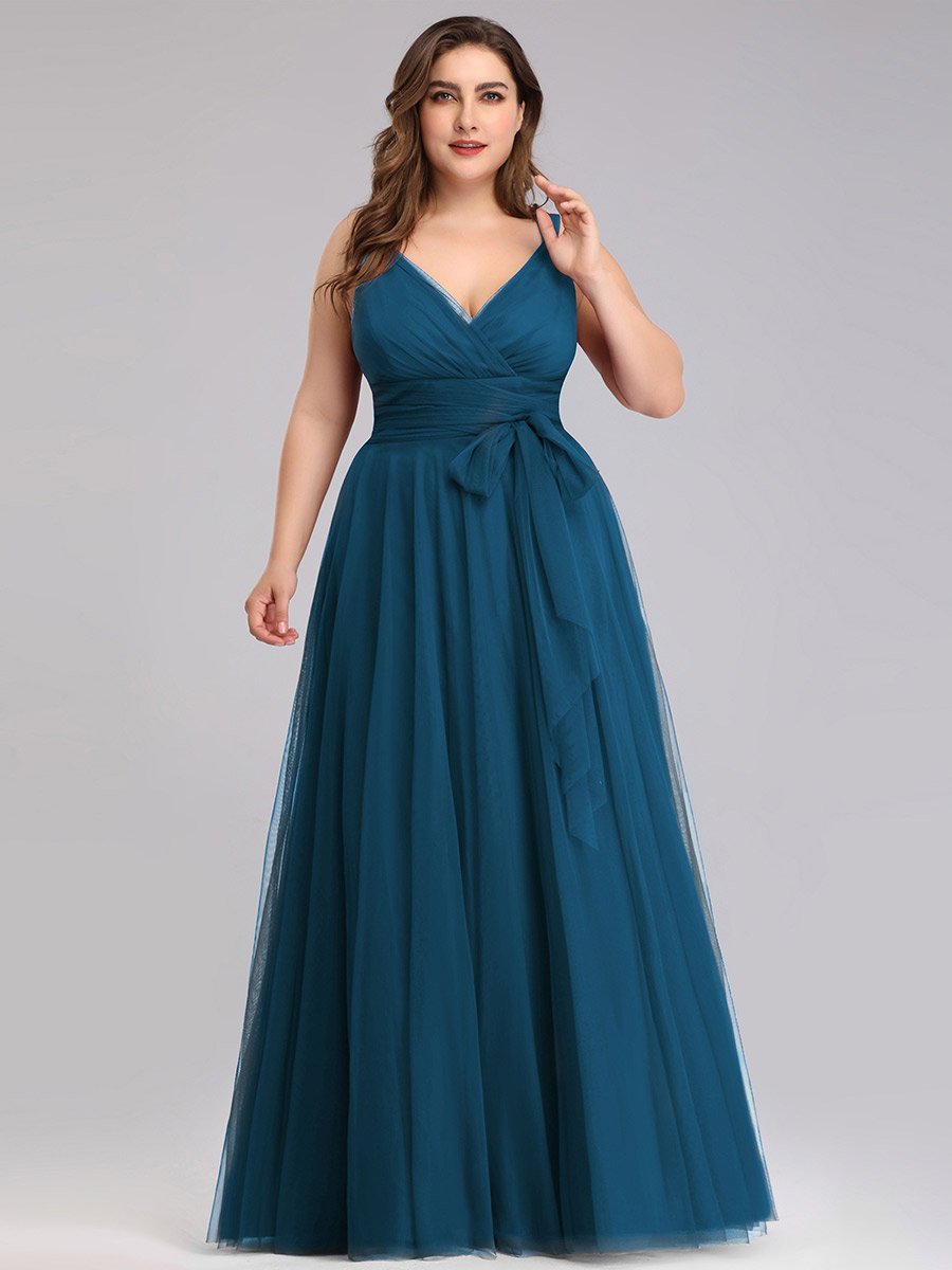 Ink Blue Sleeveless Pleated V-neck Bridesmaid Evening Gown-Yedda