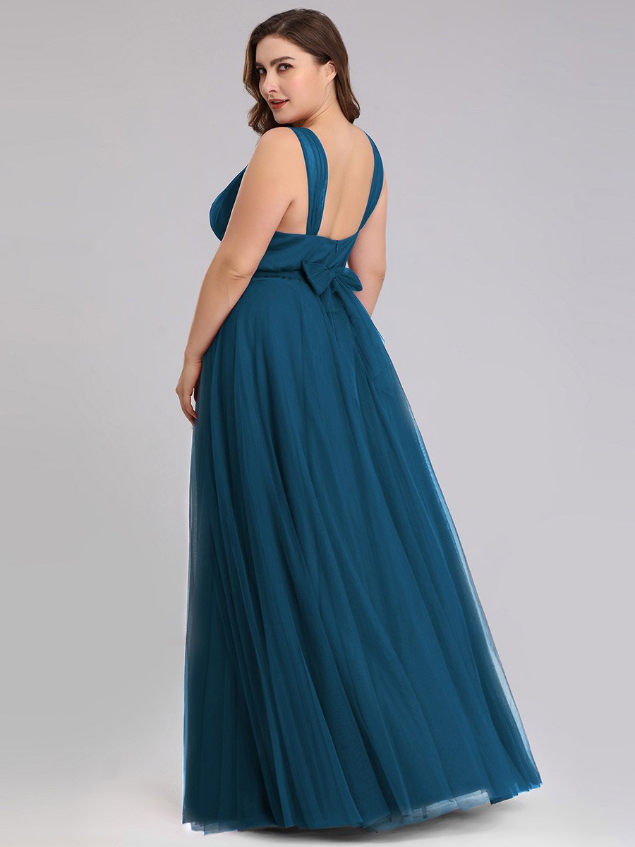 Ink Blue Sleeveless Pleated V-neck Bridesmaid Evening Gown-Yedda