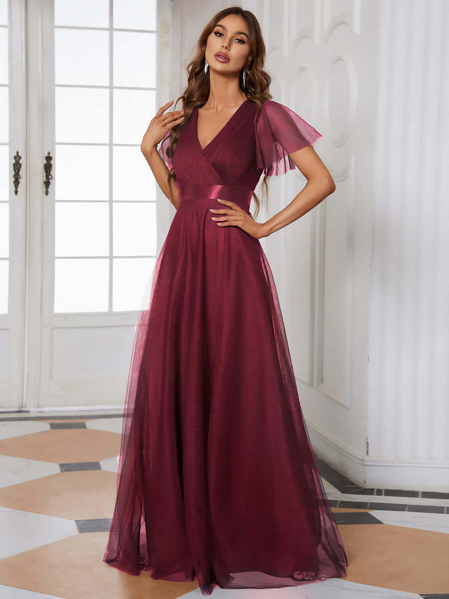 Burgundy V-neck Ruffle Sleeve Mesh Bridesmaid Evening Gown Lucy