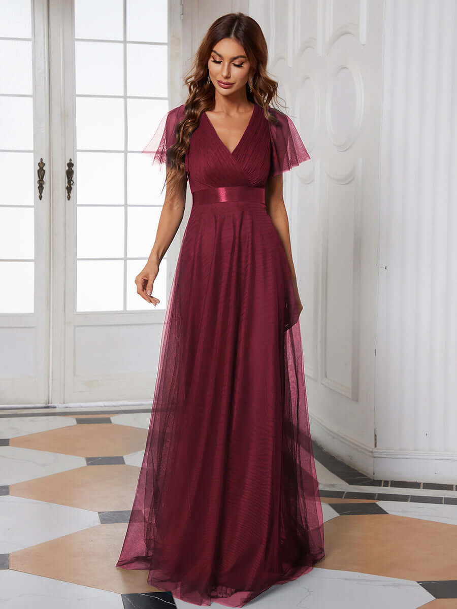 Burgundy V-neck Ruffle Sleeve Mesh Bridesmaid Evening Gown Lucy