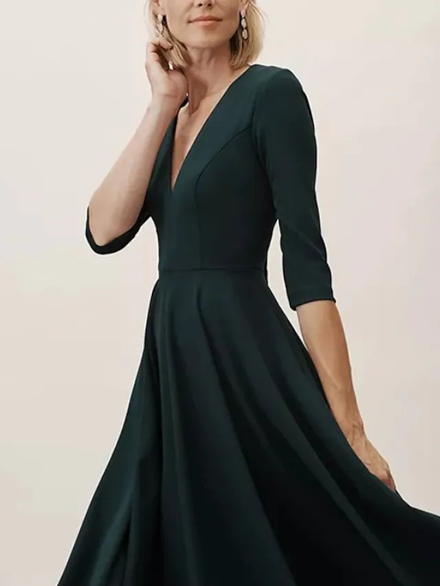 A-Line Mother of the Bride Dress Elegant Plunging Neck Floor Length Polyester Half Sleeve with Ruching