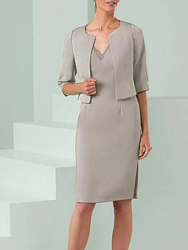 Two Piece Sheath / Column Mother of the Bride Dress Elegant V Neck Knee Length Stretch Satin 3/4 Length Sleeve with Color Block