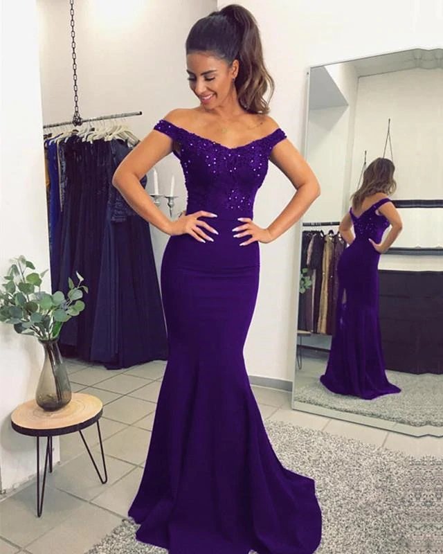 Purple Lace Beaded Mermaid V-neck Off The Shoulder Bridesmaid Dresses