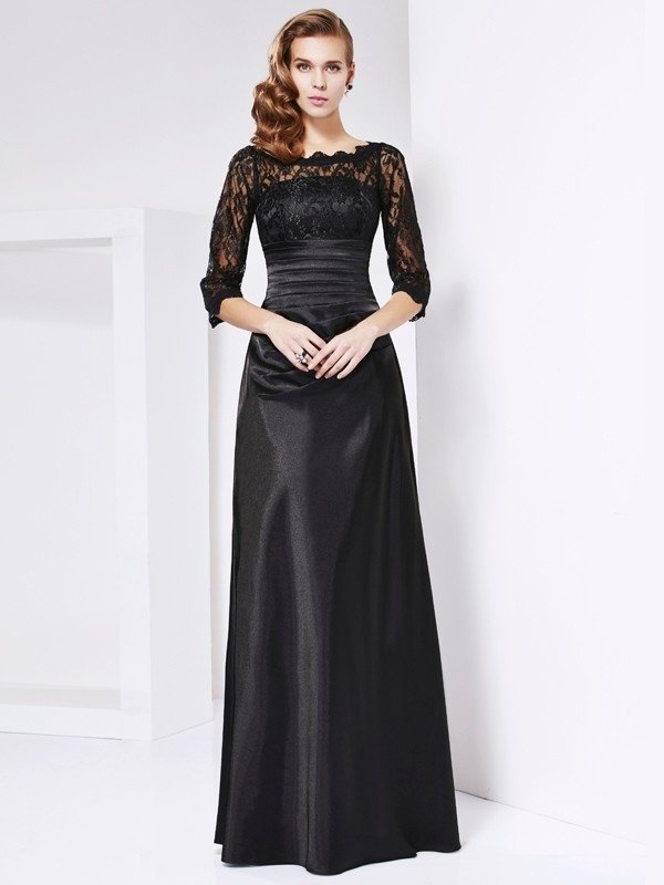 Sheath/Column Off the Shoulder 3/4 Sleeves Lace Long Elastic Woven Satin Mother of the Bride Dresses