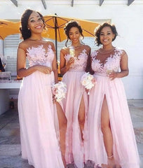 Pink Bridesmaid Dresses For Women A-line Cap Sleeves Chiffon Lace Slit Long Cheap Under 50 Wedding Party Dresses