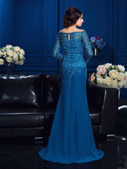 Sheath/Column Off-the-Shoulder Beading Long Sleeves Long Chiffon Mother of the Bride Dresses