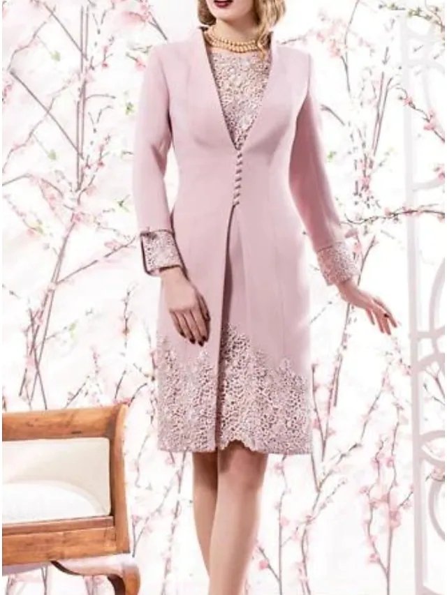 Two Piece Mother of the Bride Dress Elegant Jewel Neck Knee Length Lace Satin Long Sleeve with Embroidery