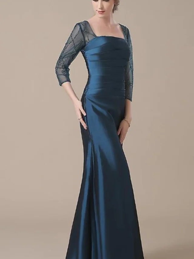 Mermaid / Trumpet Mother of the Bride Dress Elegant Jewel Neck Floor Length Satin 3/4 Length Sleeve with Ruching