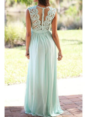 A-Line Jewel Neck Floor Length Chiffon / Lace Bridesmaid Dress with Lace / Pleats