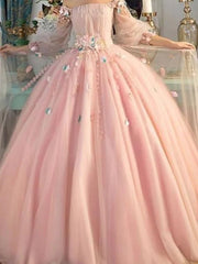Ball Gown Elegant Floral Quinceanera Prom Dress Off Shoulder Long Sleeve Floor Length Tulle with Pleats Appliques