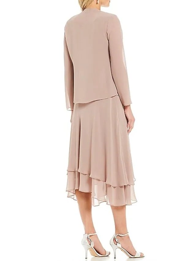 Two Piece A-Line Mother of the Bride Dress Elegant Jewel Neck Tea Length Chiffon Long Sleeve with Beading Cascading Ruffles