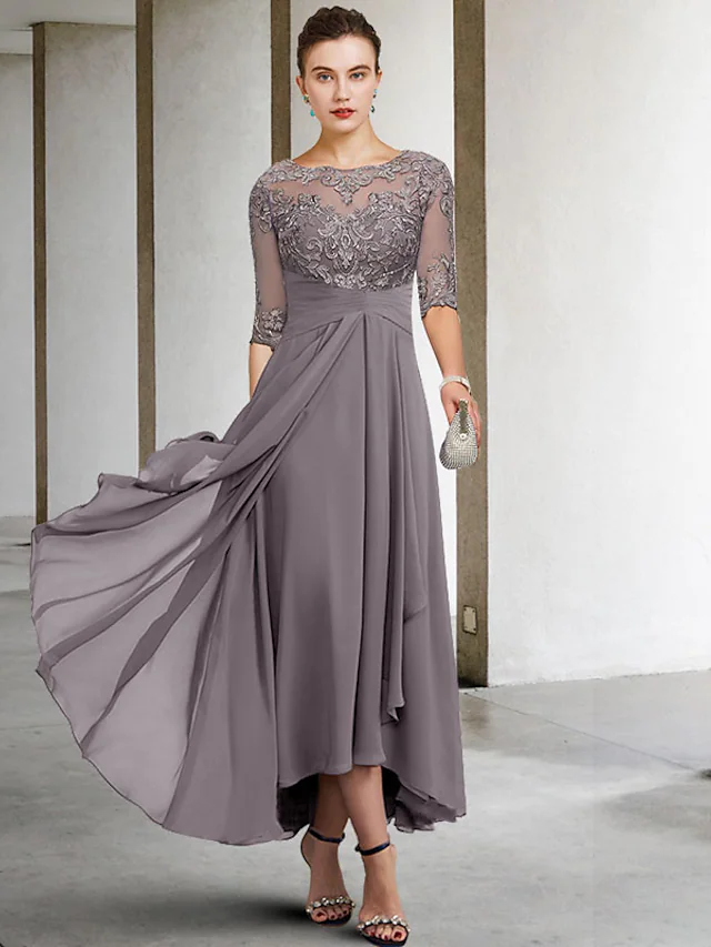 A-Line Mother of the Bride Dress Plus Size Elegant High Low V Neck Asymmetrical Ankle Length Chiffon Lace Half Sleeve