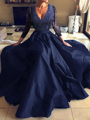 A-Line Luxurious Elegant Party Wear Formal Evening Dress V Neck Long Sleeve Floor Length Tulle with Pleats Appliques