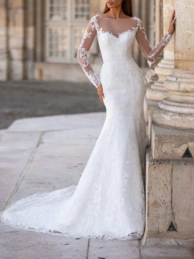 Mermaid / Trumpet Wedding Dresses Jewel Neck Court Train Lace Tulle Long Sleeve Formal with Appliques