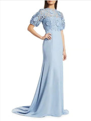 Sheath / Column Mother of the Bride Dress Elegant Jewel Neck Sweep / Brush Train Polyester Short Sleeve with Appliques