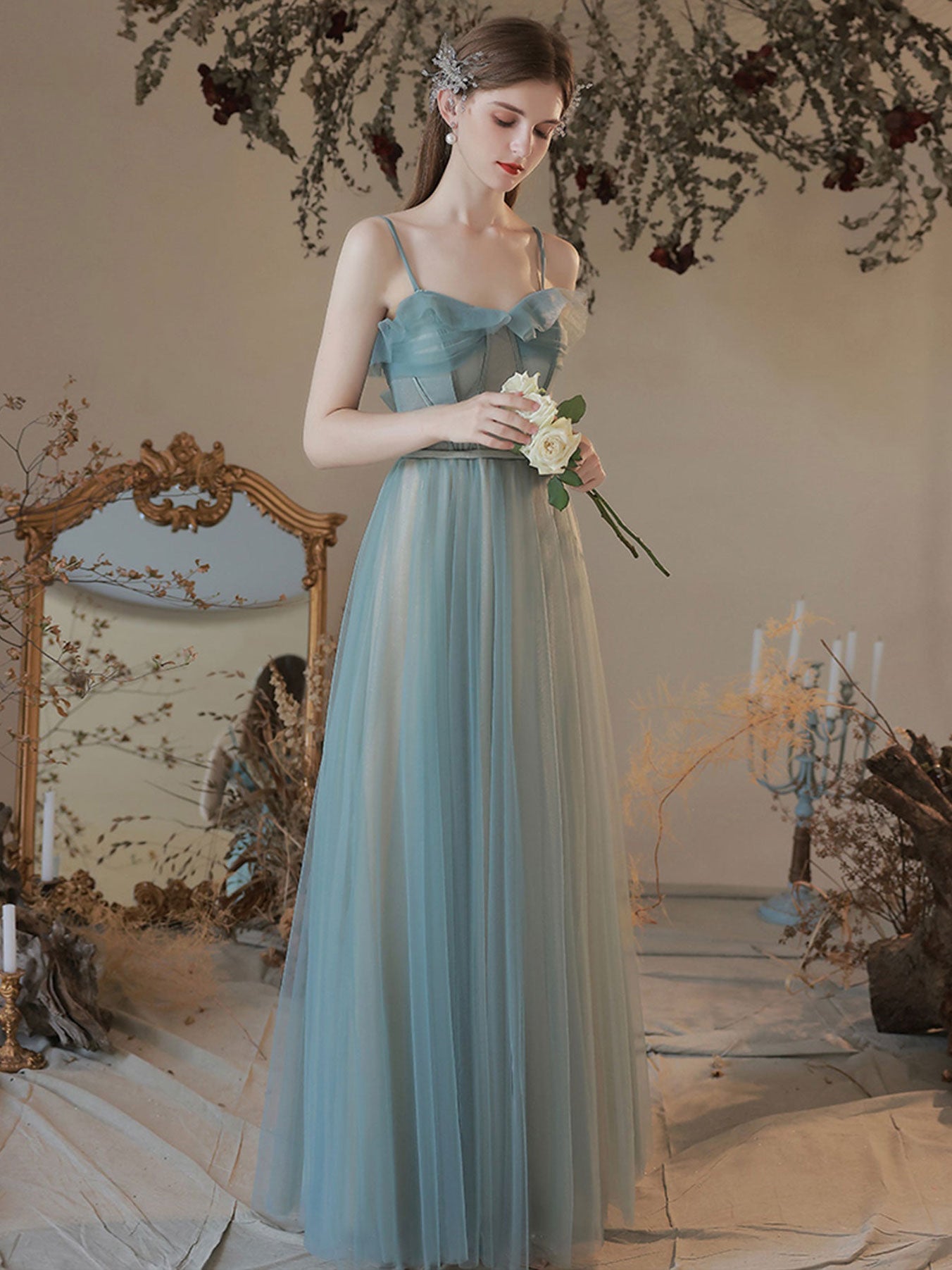A line green tulle long prom dress green tulle formal evening dress